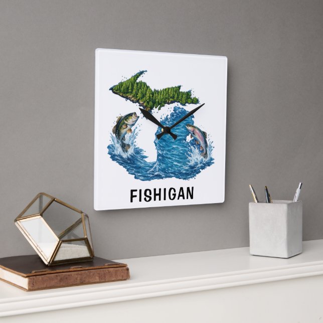 Horloge Carrée Graphisme de l'État du Michigan avec Poisson (Bureau)