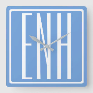 Horloge Carrée Gras moderne 3 initiales Monogramme Bleu doux