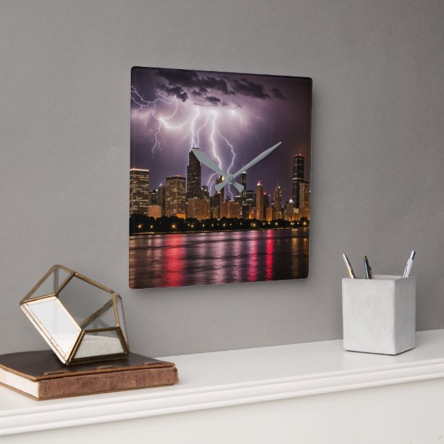 Horloge Carrée Gratte-ciel de Chicago avec éclair (Bureau)