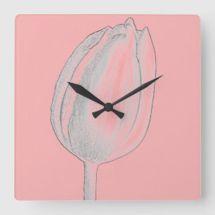 Horloge Carrée Gray Floral Salmon Pink Orange Tulips