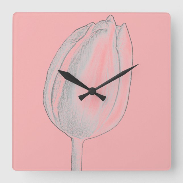 Horloge Carrée Gray Floral Salmon Pink Orange Tulips (Recto)