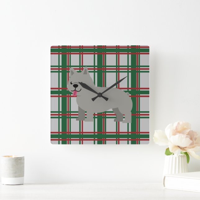 Horloge Carrée Gray French Bulldog, Christmas Plaid (Maison)