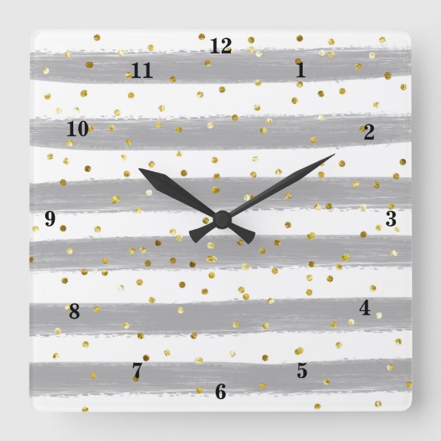 Horloge Carrée Gray moderne, White, Gold Stripes, Confeti Clock (Recto)
