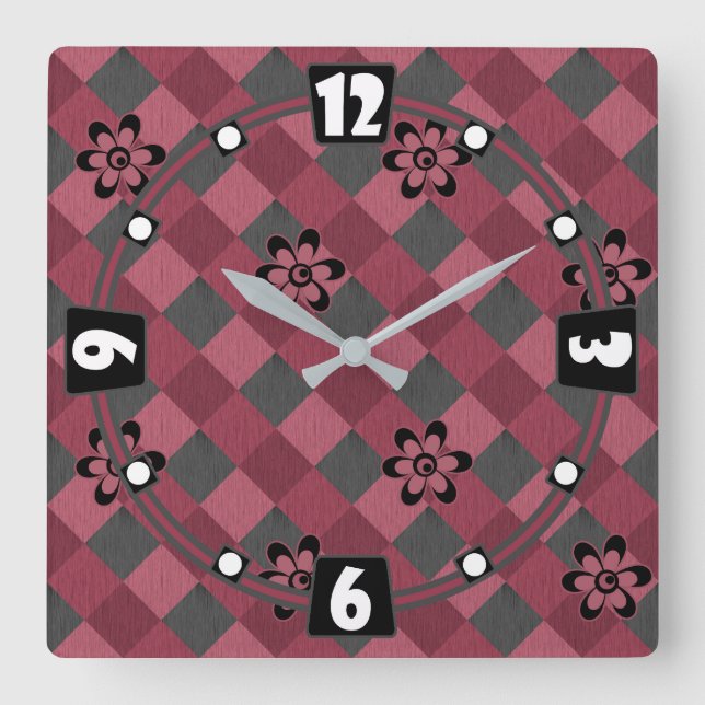 Horloge Carrée Gray rose géométrique à damiers motif avec fleurs (Recto)