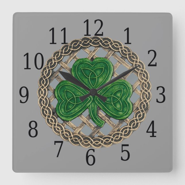 Horloge Carrée Gray Shamrock And Celtic Knots Square Clock (Recto)