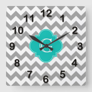 Horloge Carrée Gray Wht Chevron ZigZag Turquoise Quatrefoil Monog