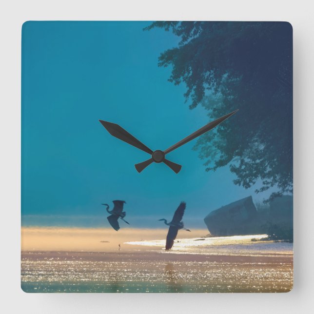 Horloge Carrée Great Blue Herons Take Flight -Teal (Recto)