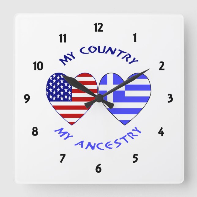 Horloge Carrée Grèce USA Drapeaux Coeurs Pays Ancêtre (Recto)