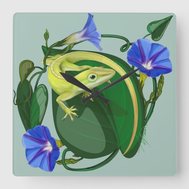 Horloge Carrée Green Anole with Morning Glory  (Recto)