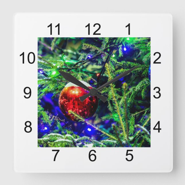 Horloge Carrée Green Christmas Tree Red Ball (Recto)