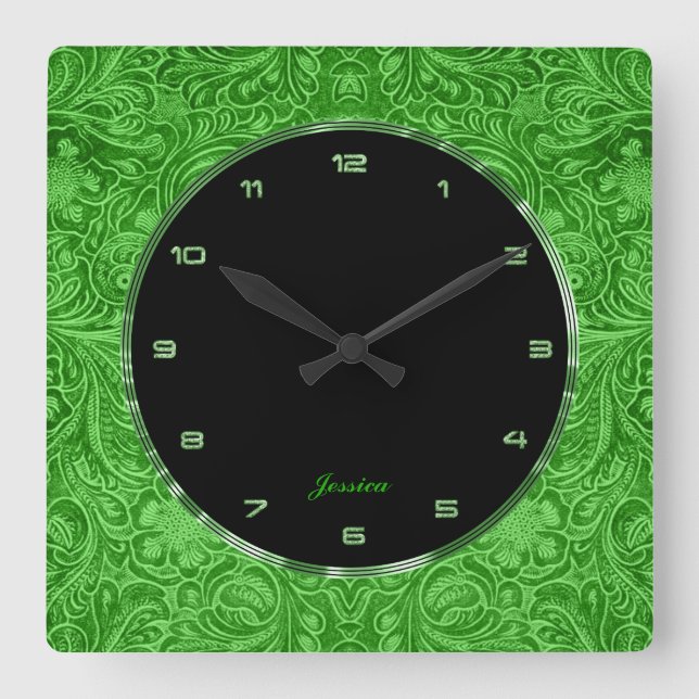 Horloge Carrée Green Floral Faux Leather Embossed (Recto)