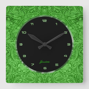 Horloge Carrée Green Floral Faux Leather Embossed