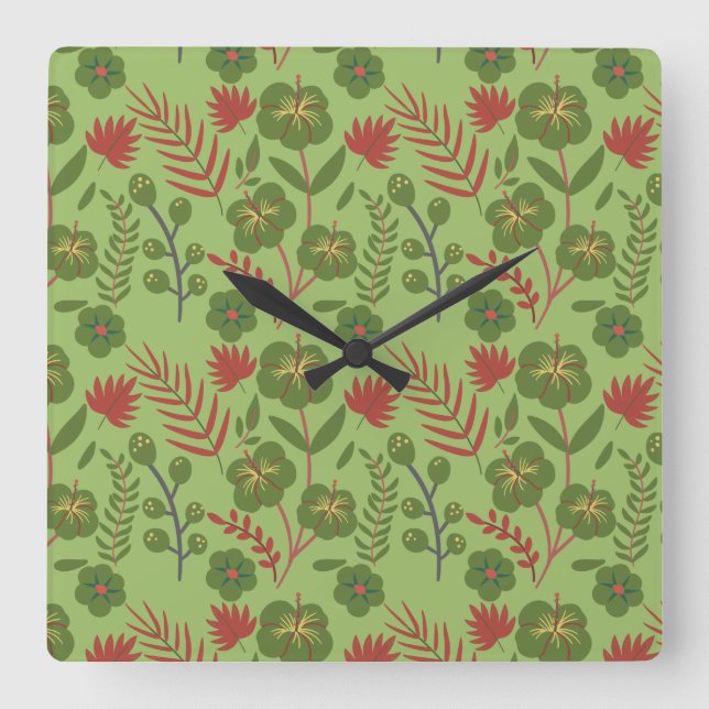 Horloge Carrée Green floral seamless pattern flower, branch, leaf (Recto)