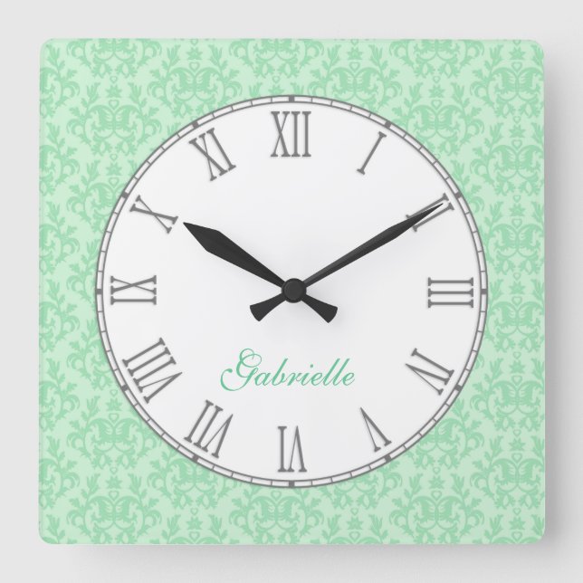 Horloge Carrée Green kangaroo paw damask name wall clock (Recto)