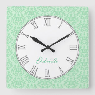 Horloge Carrée Green kangaroo paw damask name wall clock