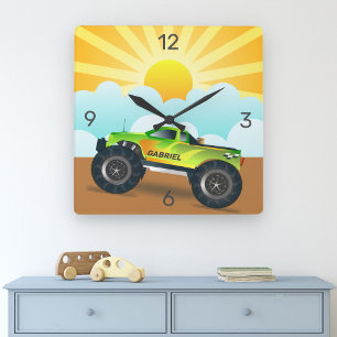 Horloge Carrée Green Monster Truck Personalized Name Kids Room