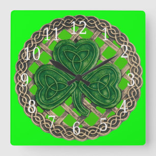 Horloge Carrée Green Shamrock and Celtic Knots