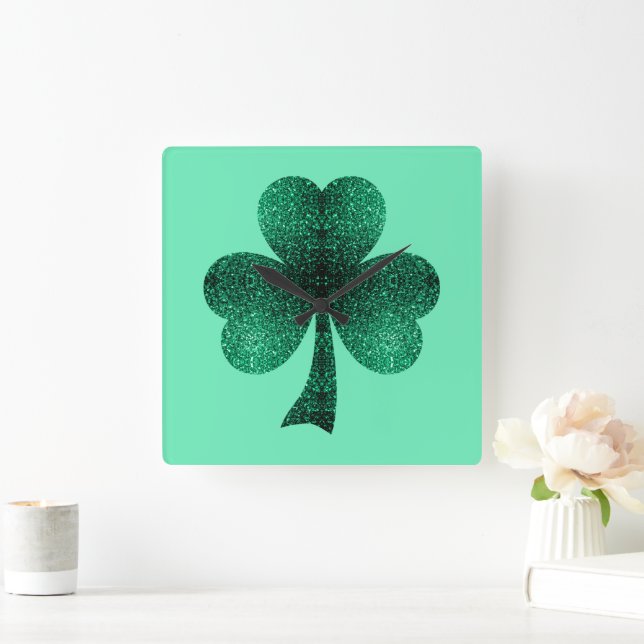 Horloge Carrée Green Sparkles Shamrock St Patrick' Day turquoise (Maison)