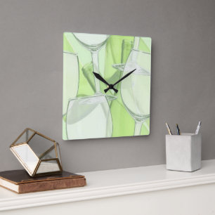 Horloge Carrée Green Wine Glasses Wall Clock