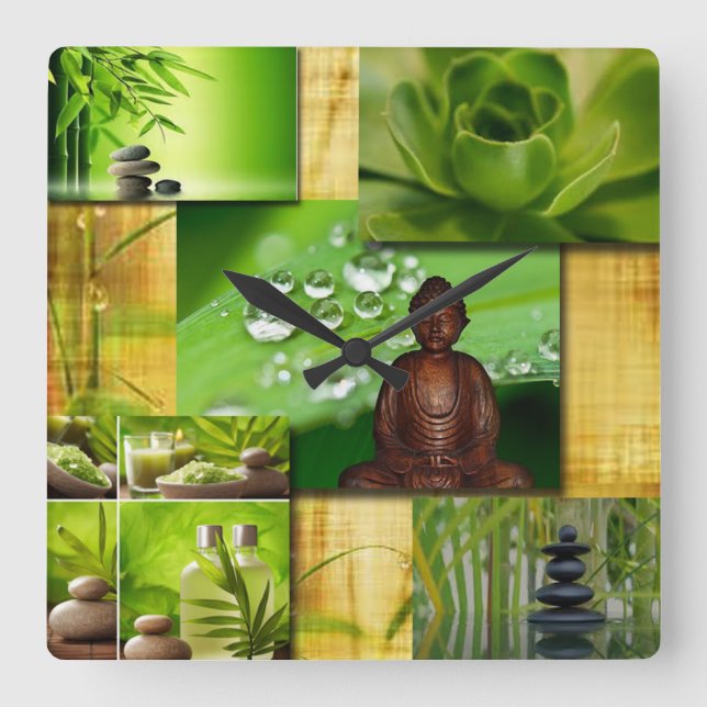 Horloge Carrée Green Zen & Buddha Serenity Collage (Recto)