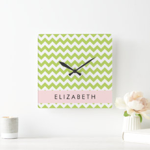 Horloge Carrée Green Zigzag, Green Chevron, Votre Nom