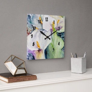 Horloge Carrée Greenery Watercolor three white callas