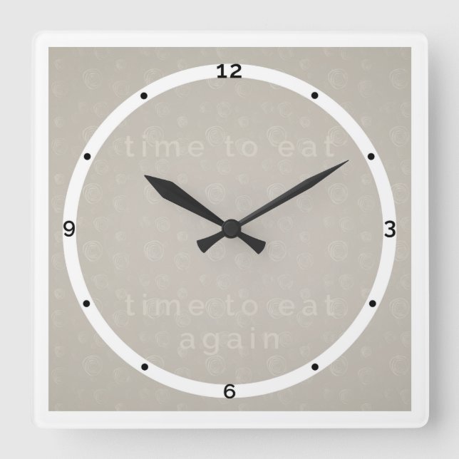 Horloge Carrée Greige wall clock for kitchen -- Time to eat again (Recto)