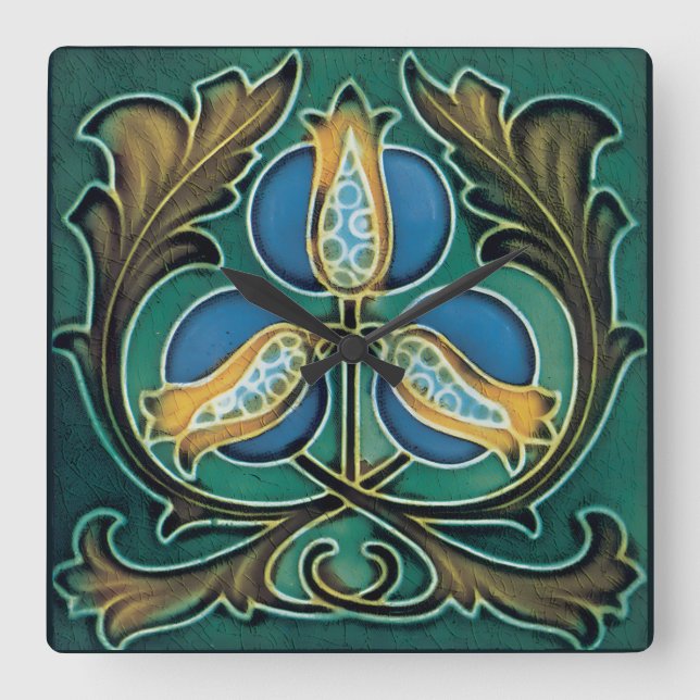 Horloge Carrée Grenade bleue Rustique Faux-Majolique (Recto)