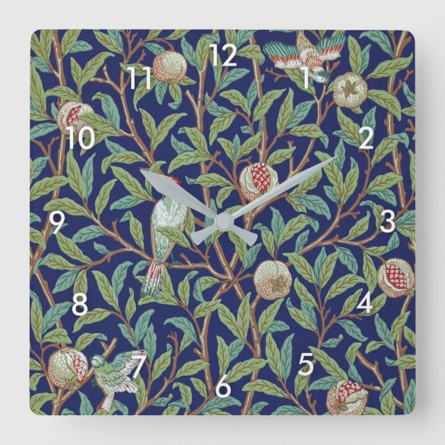 Horloge Carrée Grenade et Petit Oiseau, William Morris (Recto)
