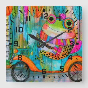 Horloge Carrée Grenouille heureuse Aventure joyeuse au bord de la