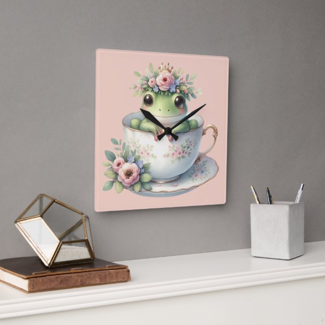 Horloge Carrée Grenouille lunaire en Teacup Floral (Bureau)