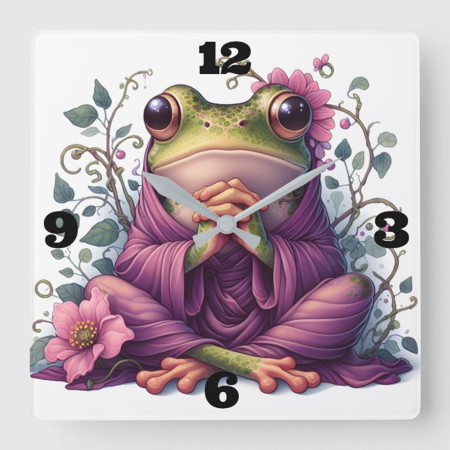 Horloge Carrée Grenouille Mignonne avec Fleurs (Recto)