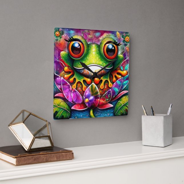 Horloge Carrée Grenouille Whimsical Peinture Abstraite Art Floral (Bureau)