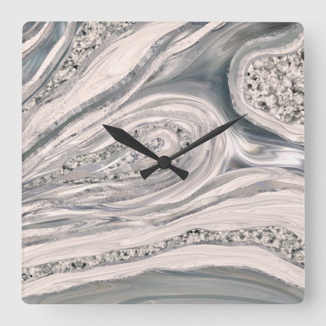 Horloge Carrée Grey liquid marble and crystal - pearl and silver (Recto)