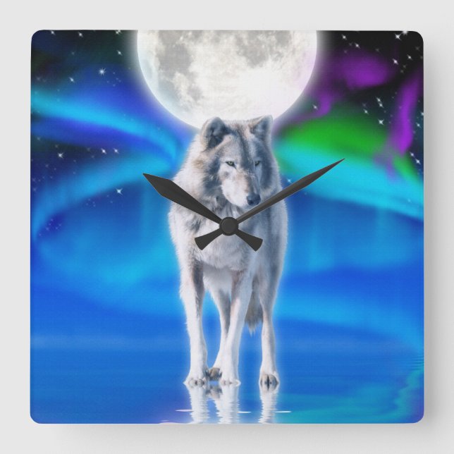 Horloge Carrée Grey Wolf & Aurora Moon Wildlife Art Clock (Recto)