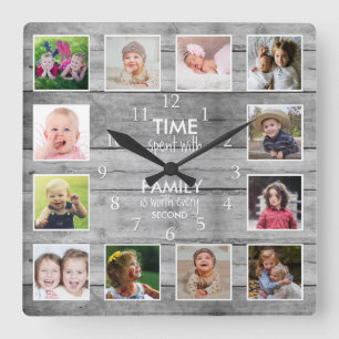 Horloge Carrée Grey Wood 12 Modèle photo Temps Famille Citation