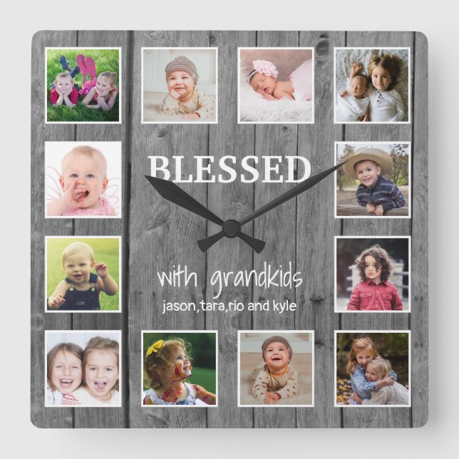 Horloge Carrée Grey Wood 12 Photo Collage Blessed Grandparents (Recto)