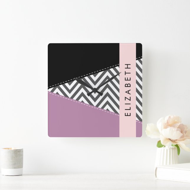 Horloge Carrée Grey Zigzag, Grey Chevron, Purple, Votre Nom (Maison)