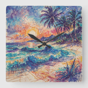 Horloge Carrée Gribouillages de plage - Paysage de style artistiq