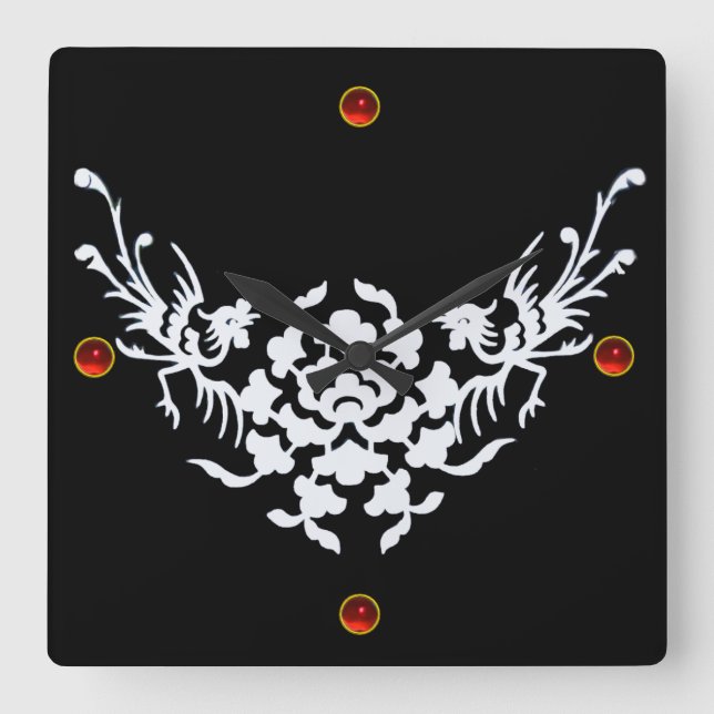 Horloge Carrée GRIFFINES ET FLEURS BLANCS, Pierre rouge Ruby (Recto)