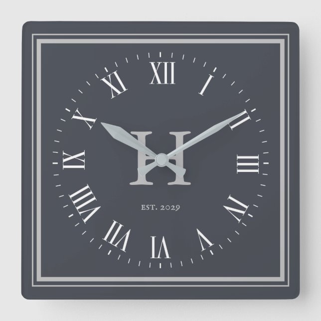 Horloge Carrée Gris à Ancre de monogramme minimal| Argent (Recto)
