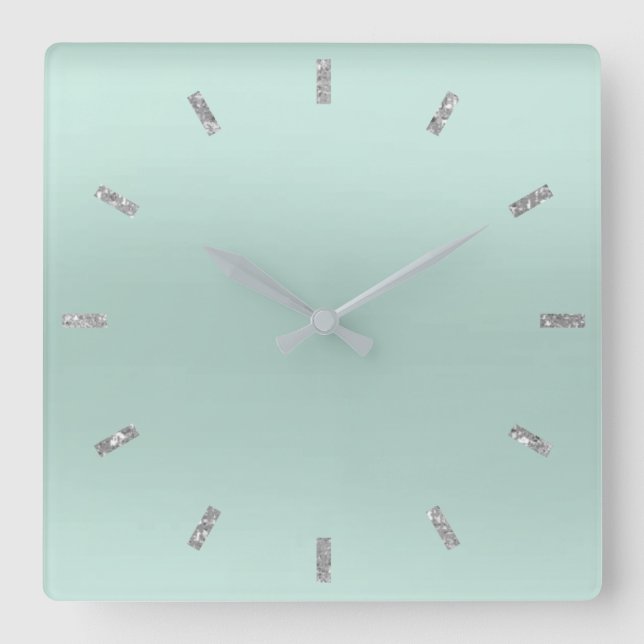 Horloge Carrée Gris Aqua Blue Ombre Parties scintillant minimale (Recto)