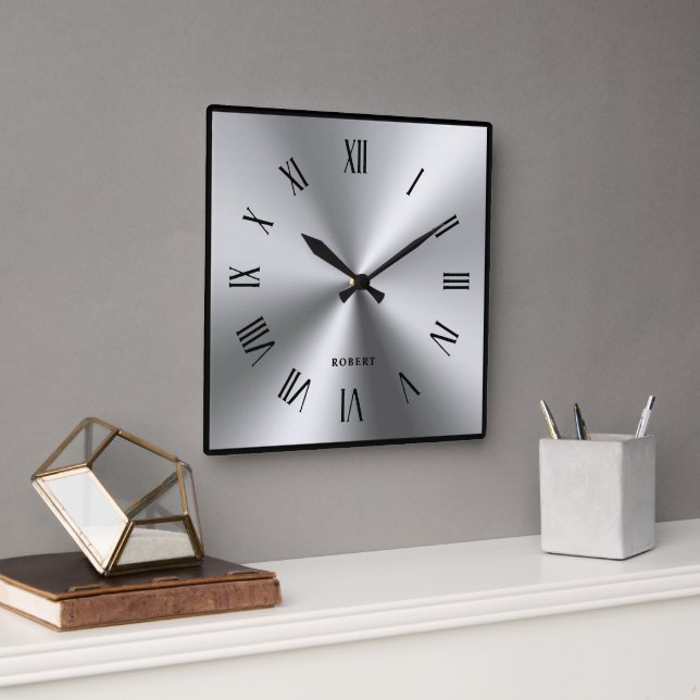 Horloge Carrée Gris argent métallisé bordure noire chiffres romai (Bureau)