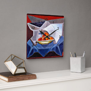 Horloge Carrée Gris - Fruits et livre