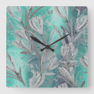 Horloge Carrée Gris Graphite Aquatique Turquoise Floral Papillon