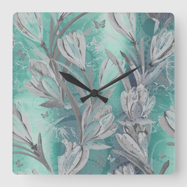 Horloge Carrée Gris Graphite Aquatique Turquoise Floral Papillon (Recto)