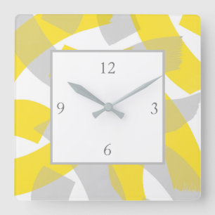 Horloge Carrée Gris Jaune Acrylique Abstrait Brushstrokies