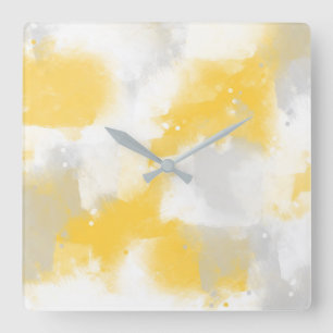 Horloge Carrée Gris Jaune et Blanc Abstrait Brosses
