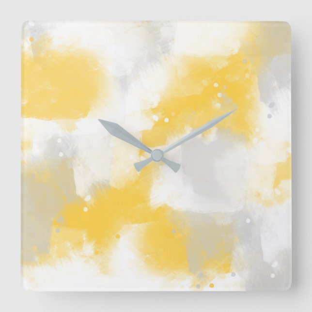 Horloge Carrée Gris Jaune et Blanc Abstrait Brosses (Recto)