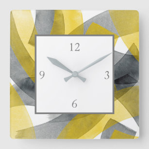 Horloge Carrée Gris Jaune Noir Abstrait Brosse